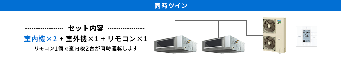 天井埋込ダクト形 同時ツイン セット内容（室内機×2 ＋ 室外機×1 ＋ リモコン×1） リモコン1個で室内機2台が同時運転します