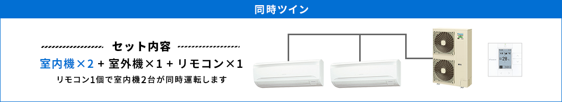 壁掛形 同時ツイン セット内容（室内機×2 ＋ 室外機×1 ＋ リモコン×1） リモコン1個で室内機2台が同時運転します