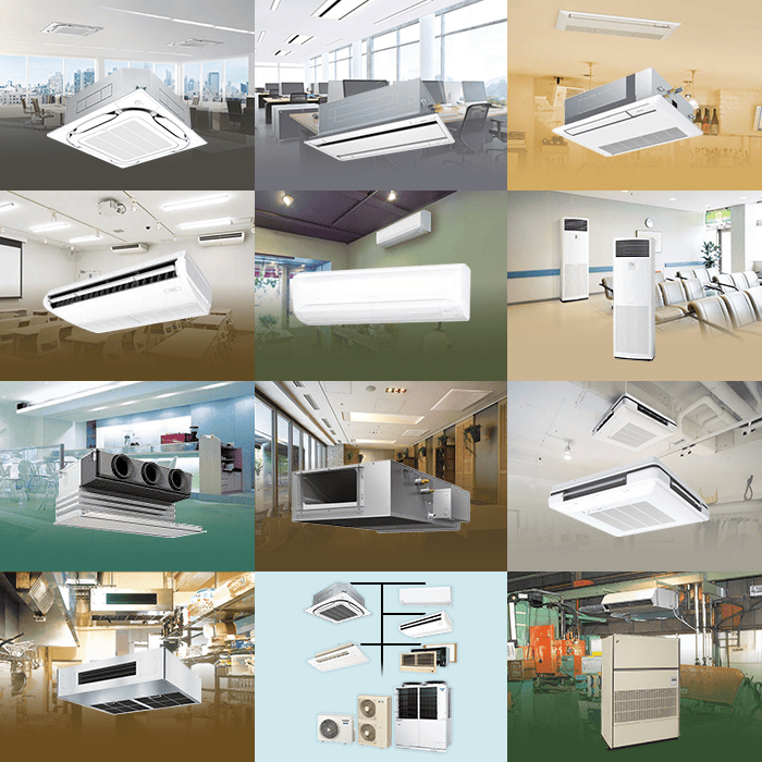 業務用エアコンの室内機の種類と形状一覧（天井カセット形・天井吊形・壁掛形・床置形・ビルトイン形）