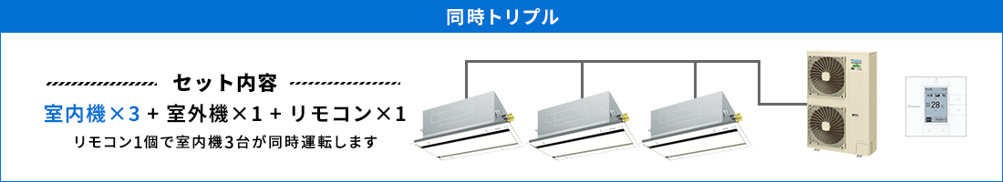 天井カセット形2方向 同時トリプル セット内容（室内機×3 ＋ 室外機×1 ＋ リモコン×1） リモコン1個で室内機3台が同時運転します