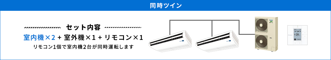 天井吊形 同時ツイン セット内容（室内機×2 ＋ 室外機×1 ＋ リモコン×1） リモコン1個で室内機2台が同時運転します