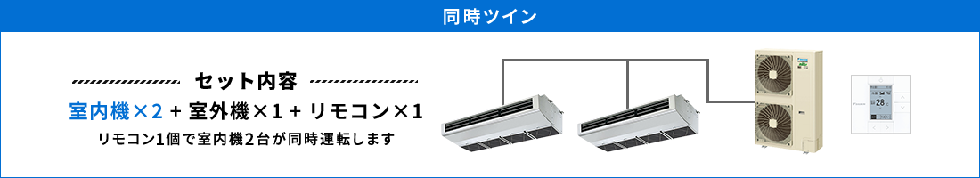 厨房用天吊形 同時ツイン セット内容（室内機×2 ＋ 室外機×1 ＋ リモコン×1） リモコン1個で室内機2台が同時運転します